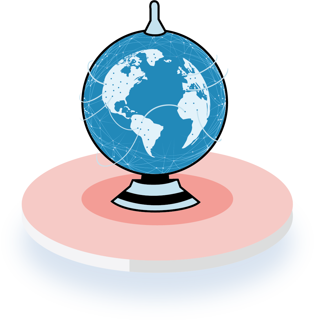 World globe with pin points of phone lines connected.